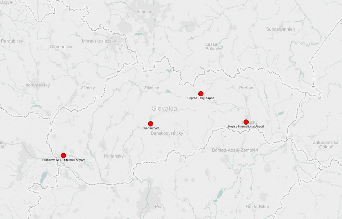 Mapa portów lotniczych na Słowacji